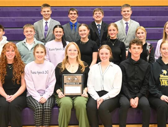 Wausa High School, the defending Class D1 state speech champion, will return to the state competition in 2024 after placing second as a team at the District D1-3 contest on March 12. Team members include (front) seniors Holly Johnson, Hadley Vanness, Soph Wausa High School, the defending Class D1 state speech champion, will return to the state competition in 2024 after placing second as a team at the District D1-3 contest on March 12. Team members include (front) seniors Holly Johnson, Hadley Vanness, Soph
