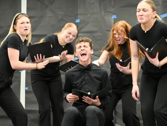 Wausa High School sophomore Avery Stevens, senior Claire Kumm, senior Cade Wakeley, senior Holly Johnson and junior Kendall Story perform their Oral Interpretation of Drama speech piece. Sheila Hoesing | for the Wausa Gazette
